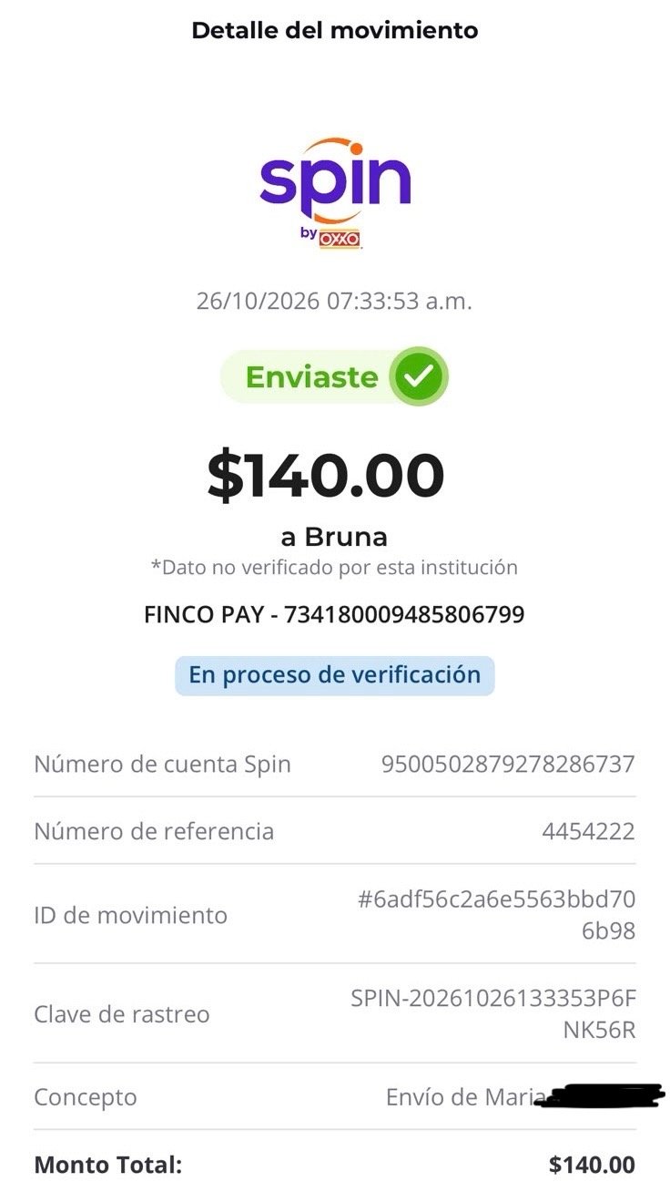 Comprobante compartido de una transferencia por 140.00 MXN; el estado mostrado es en proceso de verificación