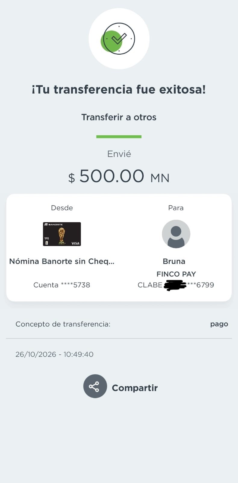 Comprobante compartido de una transferencia por 500.00 MXN, con datos parcialmente ocultos
