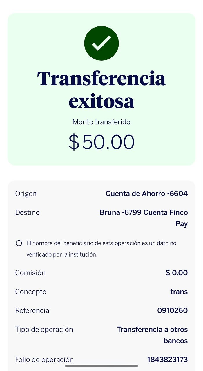 Comprobante compartido de una transferencia por 50.00 MXN, con datos parcialmente ocultos
