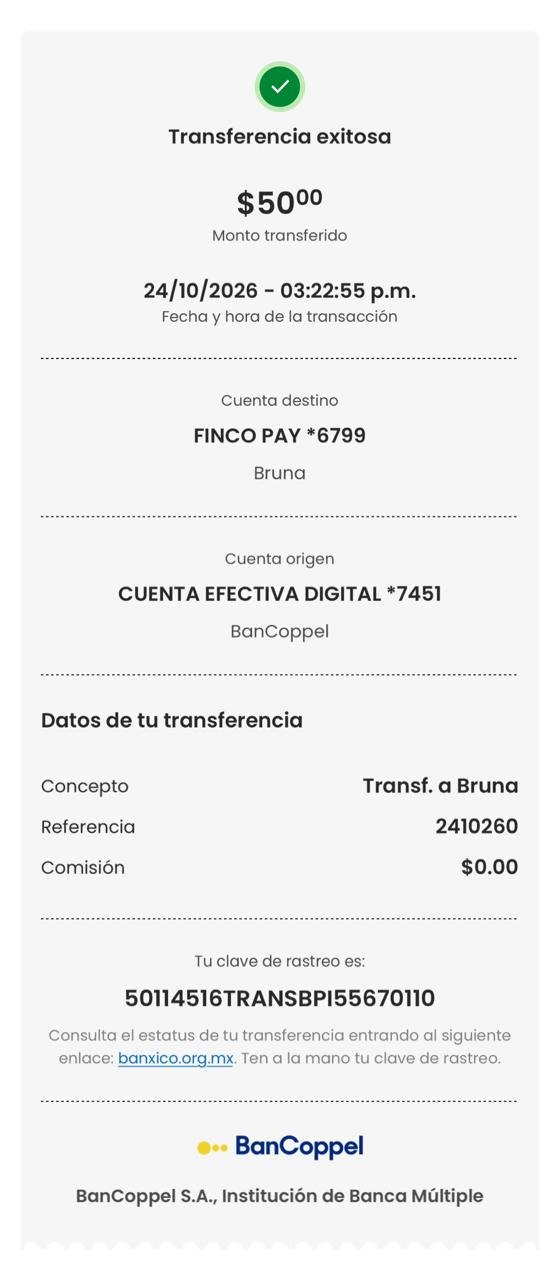 Comprobante compartido de una transferencia por 50.00 MXN, con datos parcialmente ocultos